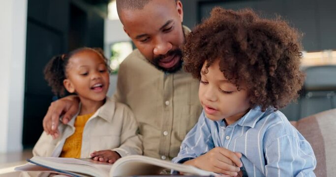 Black family, children and happy reading story book, cartoon comic and bonding with father, daughter and son at home. Love, storytelling and kids listen for fairytale, education or learning in house