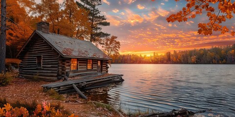 Fototapeta premium Cozy Log Cabin Beside Serene Lake at Sunset with Autumn Foliage