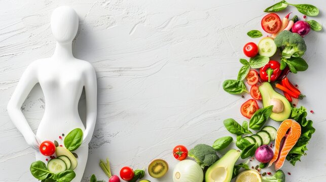 Curvy figure with a colorful array of nutritious foods, highlighting the connection between balanced eating habits and body wellness