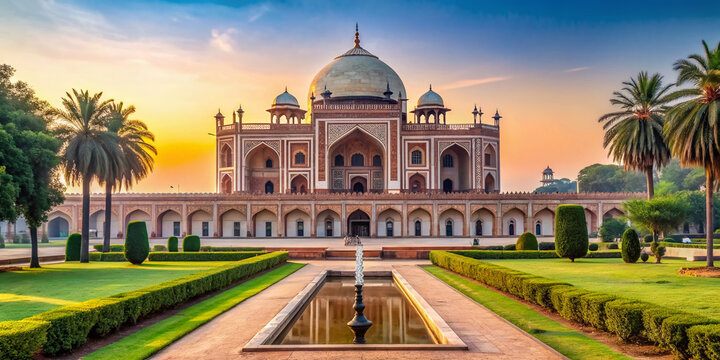 Majestic Humayun's Tomb, a stunning Mughal-era mausoleum in New Delhi, India, features intricate inlays, arches, and domes surrounded by serene gardens and walkways.