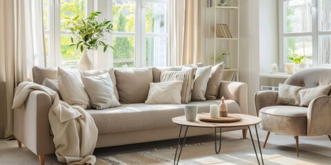 A living room with a couch, chair, coffee table, and a potted plant
