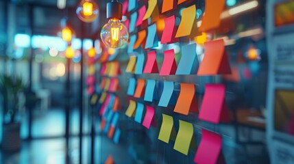 Fototapeta premium A Wall of Colorful Sticky Notes in a Modern Office