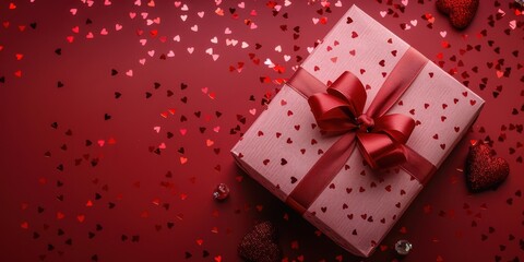 Obraz premium A pink box with a red bow on top of a red background
