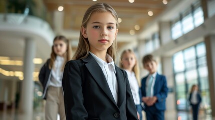 Young rookie girl and her team in suits, standing together in a modern office, with a bright environment and formal attire highlighting their potential as future leaders.
