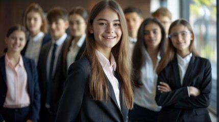 Fototapeta premium Young rookie girl and her team in suits, standing together in a modern office, with a bright environment and formal attire highlighting their potential as future leaders.