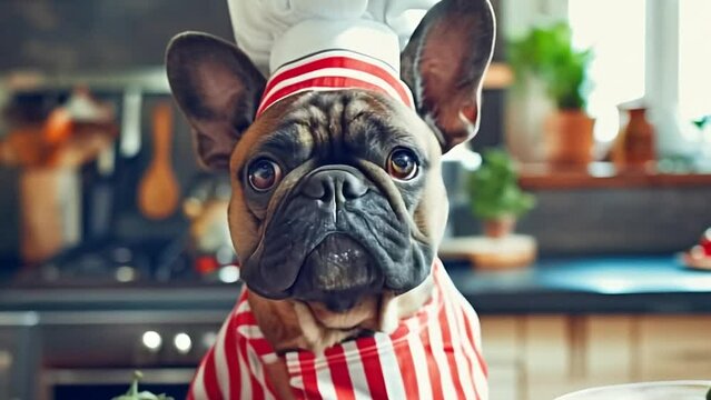 French bulldog dog in a chef's cap in the kitchen. Artificial intelligence. 