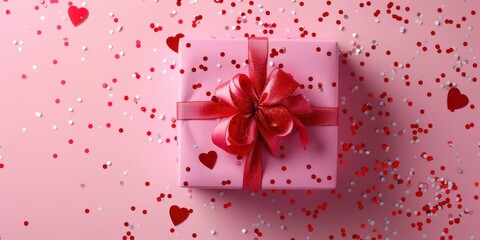 A pink gift box with a red bow on top of a pink background with lots of red