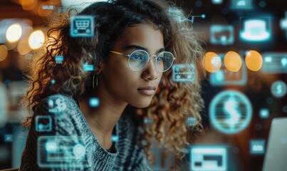 Latin woman with curly hair is looking at a computer screen with a lot of icons