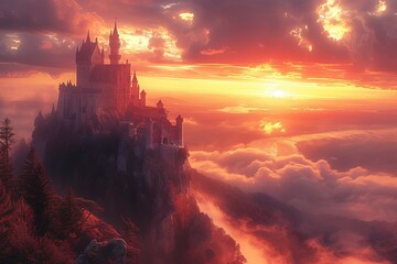 A whimsical fairytale castle nestled atop a craggy mountain peak, its turrets silhouetted against a...