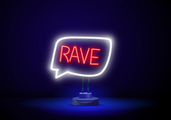 Cool rave neon icon. Neon text RAVE style illustration isolated on dark background.