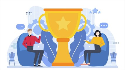 good business team with huge trophy illustration animated video