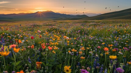 A beautiful field of wildflowers glowing under the warm hues of a setting sun