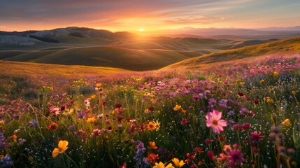 Fototapeta premium A beautiful field of wildflowers glowing under the warm hues of a setting sun