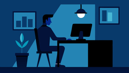 A man working on computer in office room silhouette vector illustration