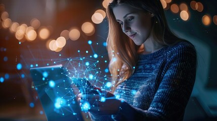 Woman using a tablet with glowing network connection
