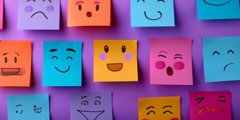 Colorful Post-it Notes with Diverse Expressive Faces on Purple Background