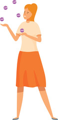 Young woman is juggling with balls, keeping her balance and smiling