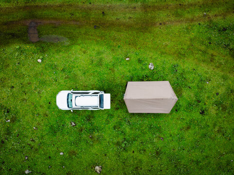 Aerial view of camp in beautiful grassland