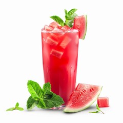 A refreshing watermelon mint cooler with visible watermelon pieces and mint leaves, isolated white background, hyper-realism art style