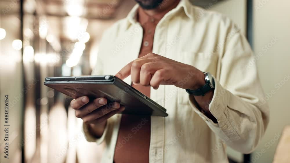 Poster man, hands and tablet in creative office, online schedule and social networking or developing busine