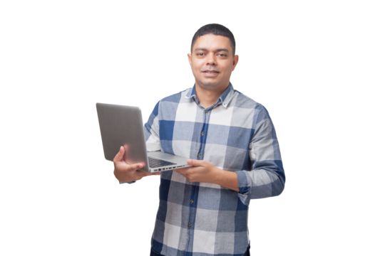 Man with notebook in hands pointing and interacting with the screen. Businessman concept. Online. Freelancer concept. Copy space.