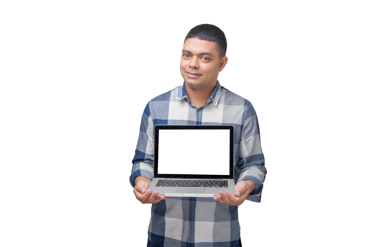 Man with notebook in hands pointing and interacting with the screen. Businessman concept. Online. Freelancer concept. Copy space.
