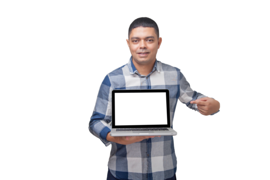 Man with notebook in hands pointing and interacting with the screen. Businessman concept. Online. Freelancer concept. Copy space.