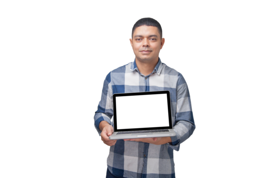 Man with notebook in hands pointing and interacting with the screen. Businessman concept. Online. Freelancer concept. Copy space.