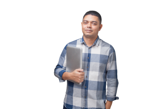 Man with notebook in hands pointing and interacting with the screen. Businessman concept. Online. Freelancer concept. Copy space.