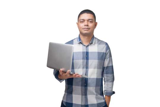 Man with notebook in hands pointing and interacting with the screen. Businessman concept. Online. Freelancer concept. Copy space.