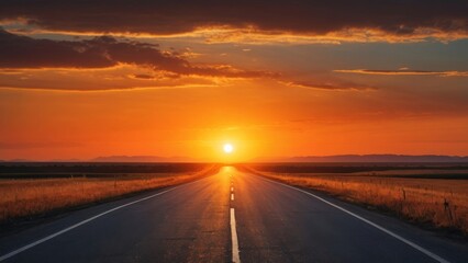 Sunset on the road in the field. Beautiful summer landscape.