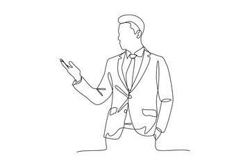 Continuous line drawing of standing businessman showing something with his hand