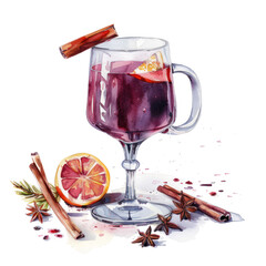Mulled wine watercolor  illustration isolated on transparent. Christmas png file for art work.
