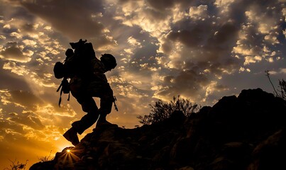 Fototapeta premium Silhouette of a Soldier Ascending a Rocky Hill at Sunset