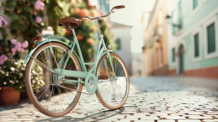Fototapeta premium Vintage curvy bicycle with a charming, retro appearance, set in a picturesque street scene, evoking nostalgia and elegance
