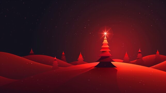 Cityscape with a Christmas tree surrounded by snow, in front of a church under a starry sky