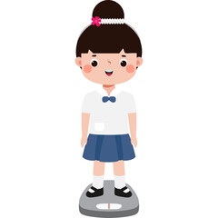 Thai Student Kid weighing on Weighing Scale, cute cartoon character illustration flat style