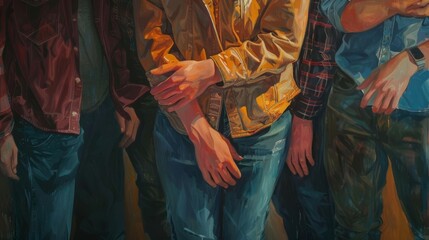 Group of people wearing casual clothes, hands visible, focus on denim and plaid patterns, representing unity and casual fashion.