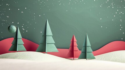 Christmas card featuring a festive Christmas tree, Santa Claus, and gifts under the tree, with a winter snow-covered landscape, decorated with stars and snowflakes, in a cheerful holiday illustration