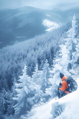 Fototapeta premium Adventurous climber enjoying winter hike on snowy slope - Mountaineer in orange jacket exploring misty mountain landscape