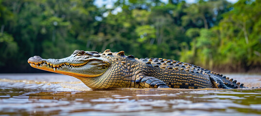 Fototapeta premium Large Nile Crocodile in African River or Lake. Nature Background, Jungle Forests Wallpaper of Central Africa with Copy Space