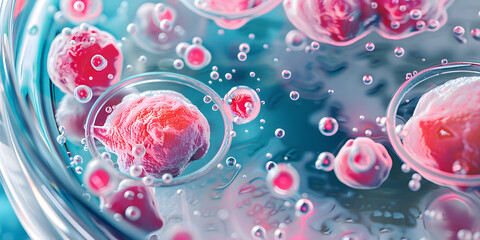 Células microscópicas dividindo-se em uma placa de Petri