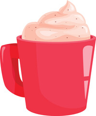 Red mug holding a steaming cup of hot chocolate topped with whipped cream and ready to warm you up on a cold day