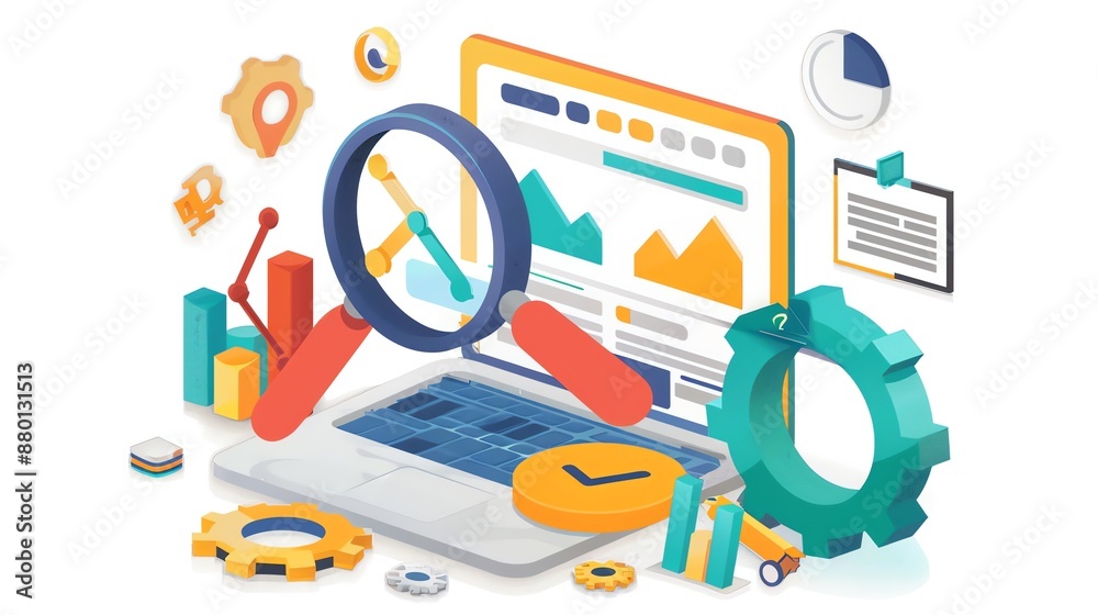 Aufkleber laptop with analytics data and icons.