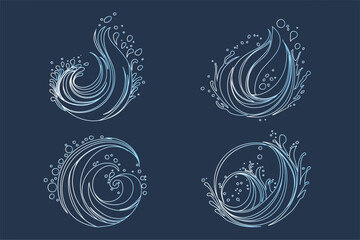 Obraz premium Set of water flow splash with splatters, clean blue water wave isolated on background. Liquid water drops, water flows and waves flat vector illustration.
