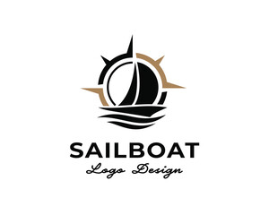 Sailboat compass navigation map trendy silhouette transportation cruise logo design template illustration inspiration