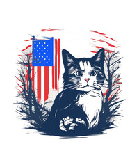 A cat with a red and white flag in the background.