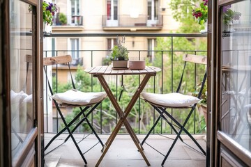 Fototapeta premium Balcony Terrace with Wooden Table and Chairs