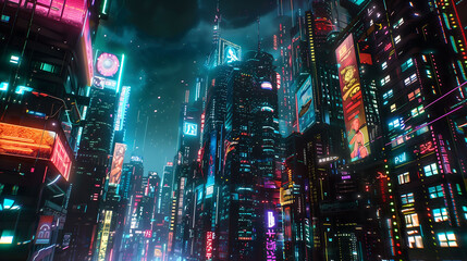 A neon-lit cyberpunk skyline dominated by towering skyscrapers adorned with holographic advertisements and glowing signs