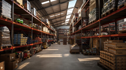 Fototapeta premium A spacious, well-organized warehouse with tall shelves stocked with various goods and an automated inventory system